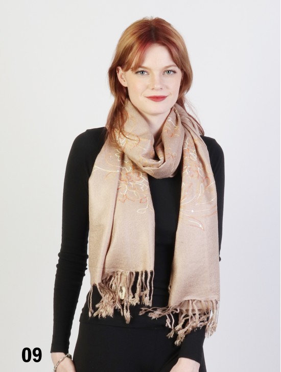 Two-Tone Thread Flower Embroidery Shawl Scarf W/ Tassels & Sequins