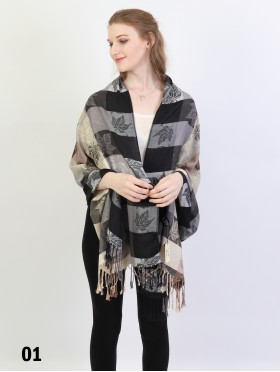 Maple Leaf Print Pashmina W/ Tassels