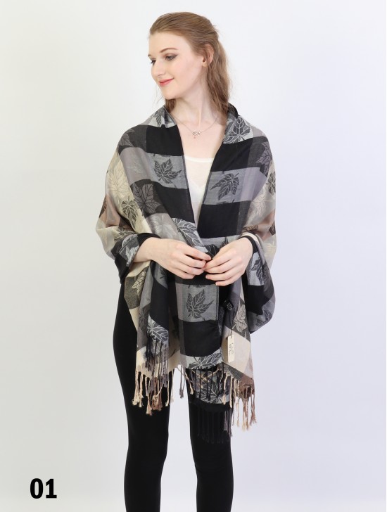 Maple Leaf Print Pashmina W/ Tassels