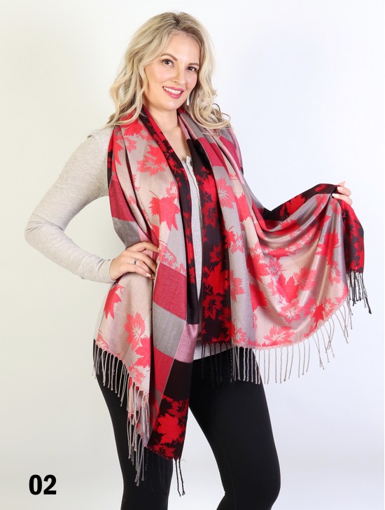 Maple Leaf Print Shawl Scarf W/ Tassels