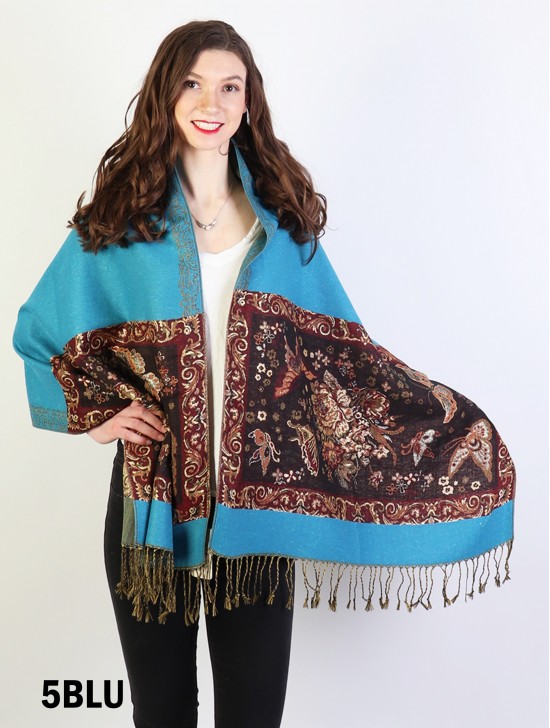 Butterfly Print Pashmina W/ Golden Threads & Tassels