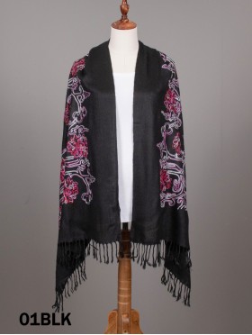 Multi-Colour Thread Flower Embroidery Pashmina Scarf W/ Tassels