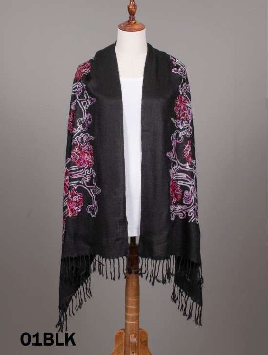 Multi-Colour Thread Flower Embroidery Pashmina Scarf W/ Tassels