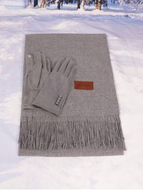 Premium Cashmere Feeling Solid Color Scarf + Stitched Button Touch Screen Glove (SF18923GRY+GL1091GRY)
