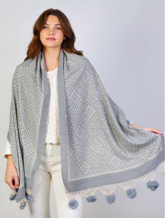 Cashmere Feeling Maze Scarf with Pom-Poms