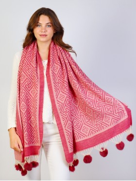 Cashmere Feeling Maze Scarf with Pom-Poms