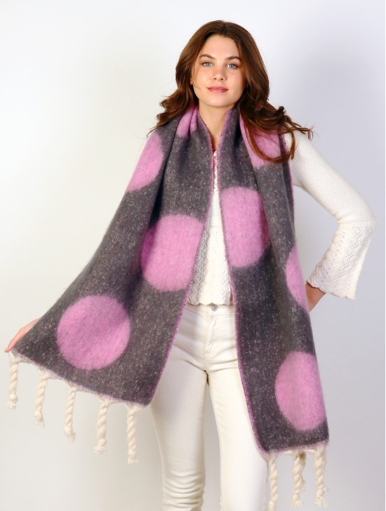 Circle Patterned Blanket Scarf W/ Twisted Tassels