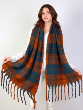 Plaid Patterned Blanket Scarf W/ Twisted Tassels