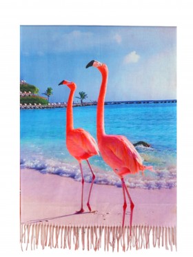 Flamingo Oil Painting Scarf W/ Fringes