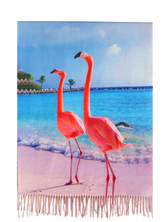 Flamingo Oil Painting Design Fashion Scarf W/ Fringes
