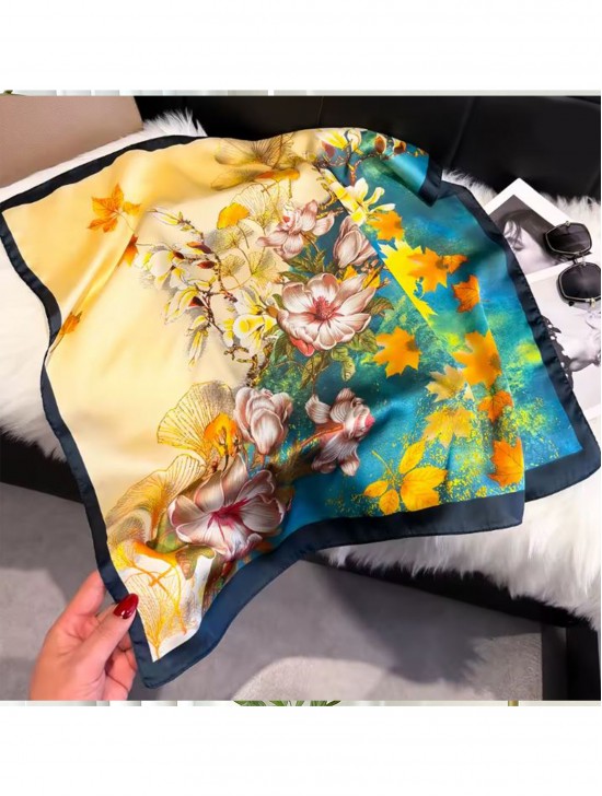 Silk Feeling Floral Patterned Square Scarf