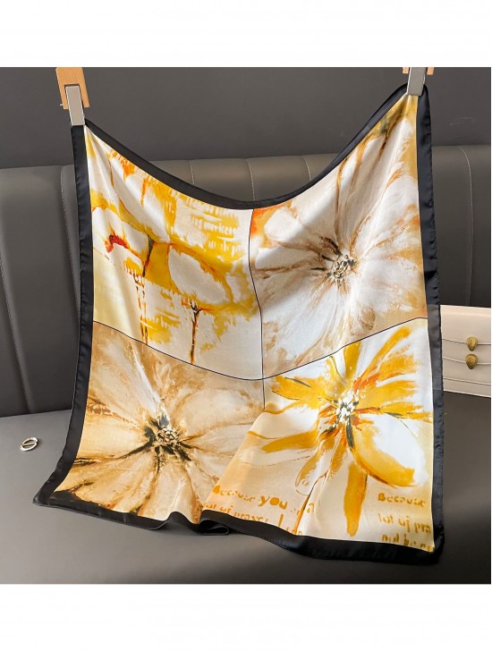 Silk Feeling Floral Patterned Square Scarf
