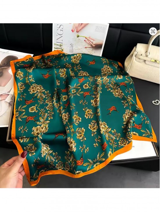Silk Feeling Floral Patterned Square Scarf