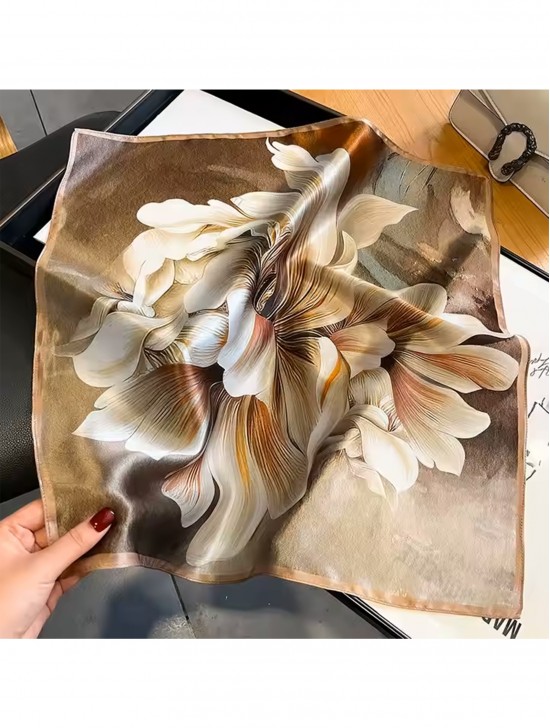 Silk Feeling Floral Patterned Square Scarf