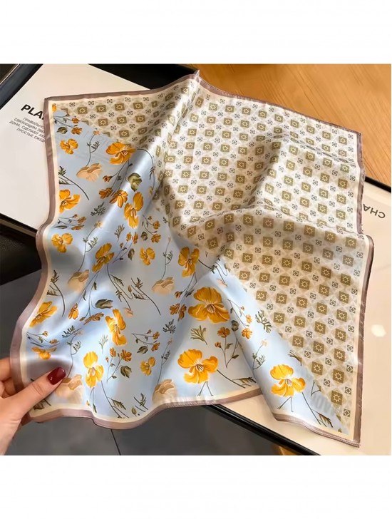 Silk Feeling Floral Patterned Square Scarf