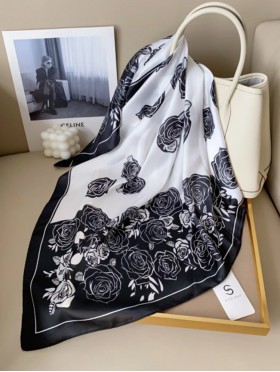 Silk Feeling Rose Patterned Square Scarf