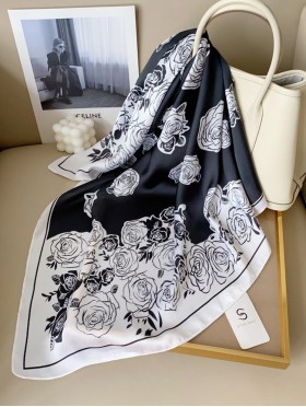 Silk Feeling Rose Patterned Square Scarf