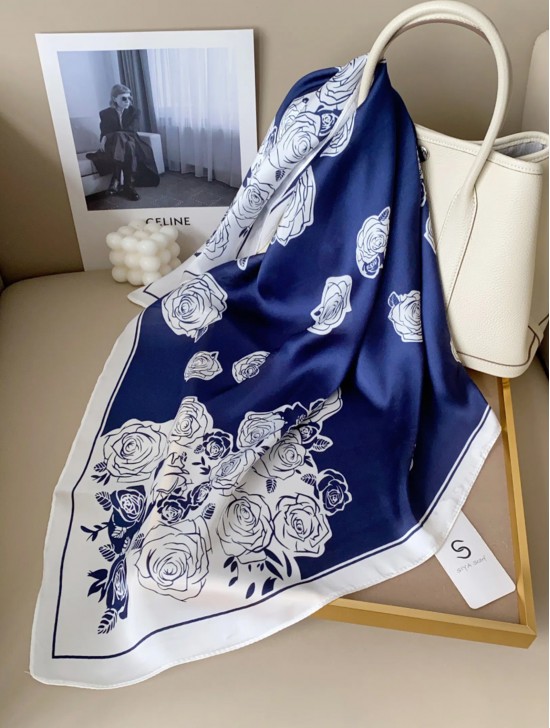 Silk Feeling Rose Patterned Square Scarf