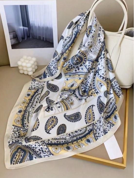 Silk Feeling Paisley Patterned Square Scarf