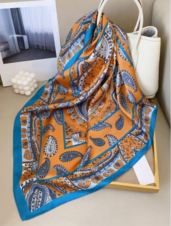 Silk Feeling Paisley Patterned Square Scarf