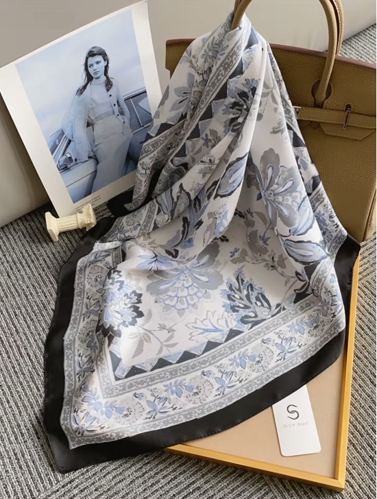 Silk Feeling Floral Patterned Square Scarf
