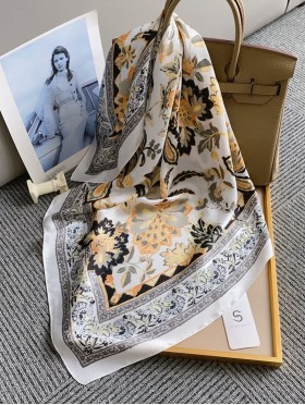 Silk Feeling Floral Patterned Square Scarf