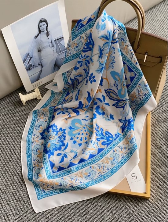Silk Feeling Floral Patterned Square Scarf