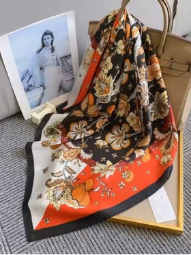 Silk Feeling Floral Patterned Square Scarf