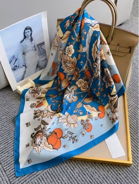 Silk Feeling Floral Patterned Square Scarf