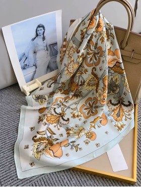 Silk Feeling Floral Patterned Square Scarf