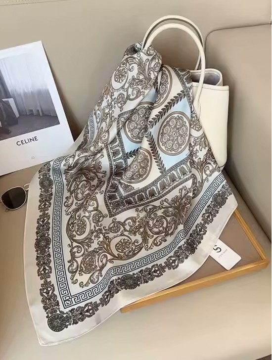 Silk Feeling Floral Patterned Square Scarf