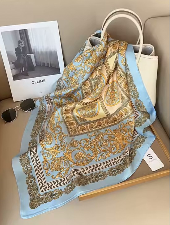 Silk Feeling Floral Patterned Square Scarf