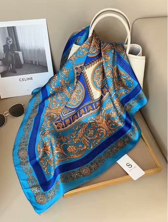 Silk Feeling Floral Patterned Square Scarf