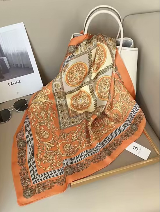 Silk Feeling Floral Patterned Square Scarf