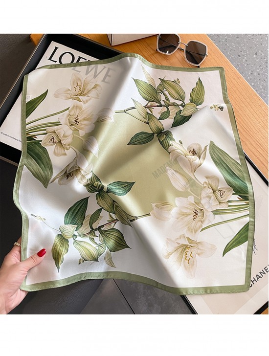 Silk Feeling Floral Patterned Square Scarf