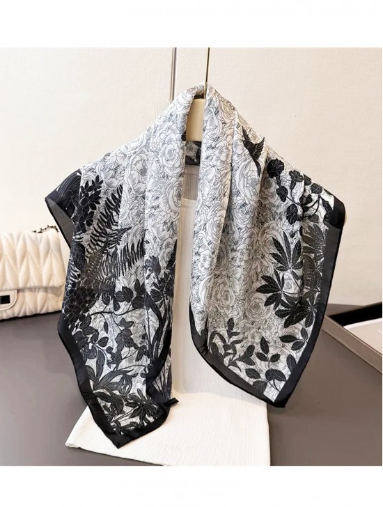 Silk Feeling Floral Patterned Square Scarf Silk Feeling Floral Patterned Square Scarf