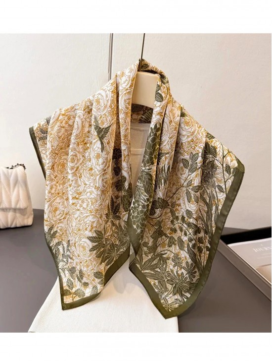 Silk Feeling Floral Patterned Square Scarf