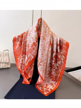 Silk Feeling Floral Patterned Square Scarf