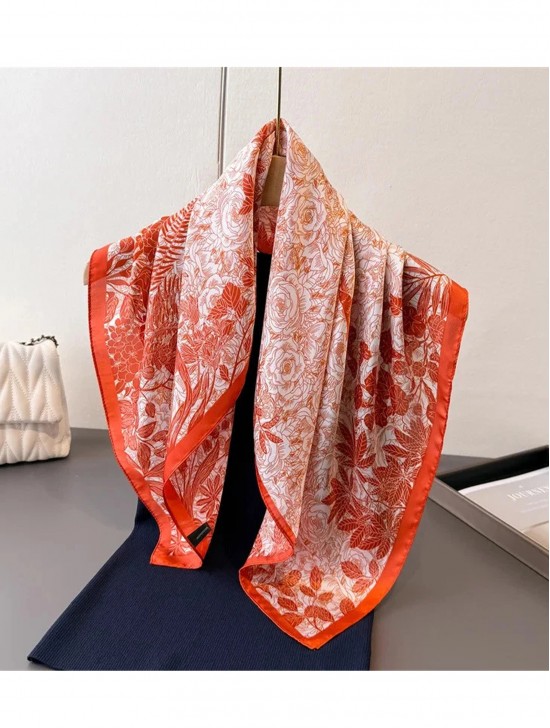 Silk Feeling Floral Patterned Square Scarf