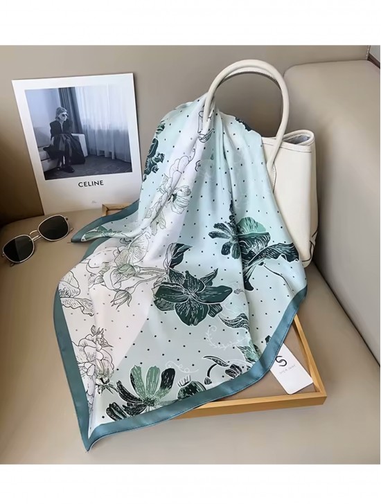 Silk Feeling Floral Patterned Square Scarf
