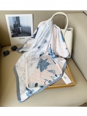 Silk Feeling Floral Patterned Square Scarf