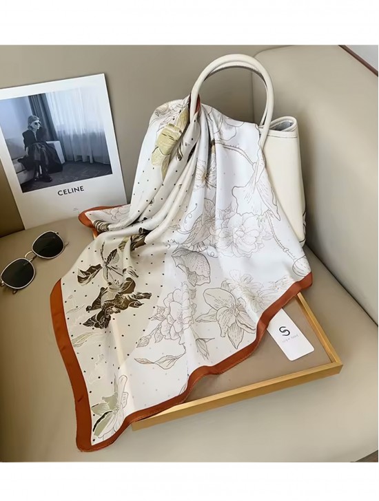 Silk Feeling Floral Patterned Square Scarf
