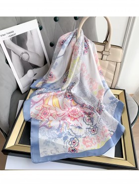 Silk Feeling Floral Patterned Square Scarf
