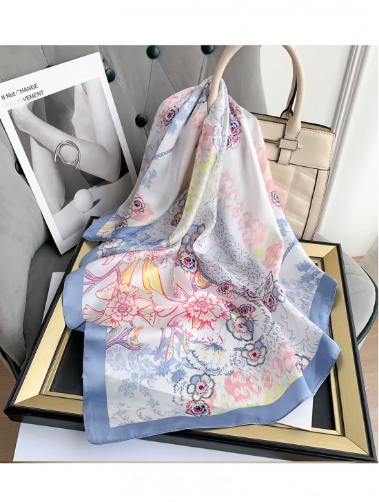 Silk Feeling Floral Patterned Square Scarf Silk Feeling Floral Patterned Square Scarf