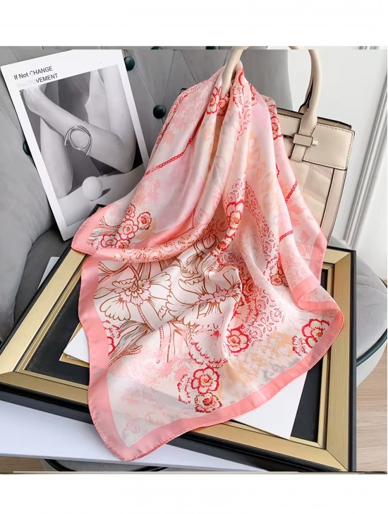 Silk Feeling Floral Patterned Square Scarf Silk Feeling Floral Patterned Square Scarf