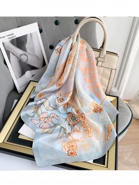 Silk Feeling Floral Patterned Square Scarf