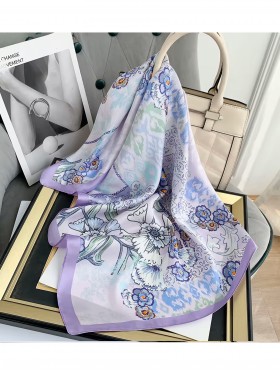 Silk Feeling Floral Patterned Square Scarf