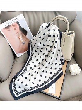 Silk Feeling Polka Dot Patterned Square Scarf