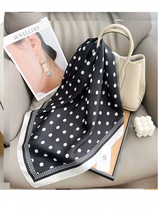 Silk Feeling Polka Dot Patterned Square Scarf