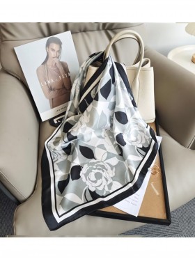 Silk Feeling Floral Patterned Square Scarf